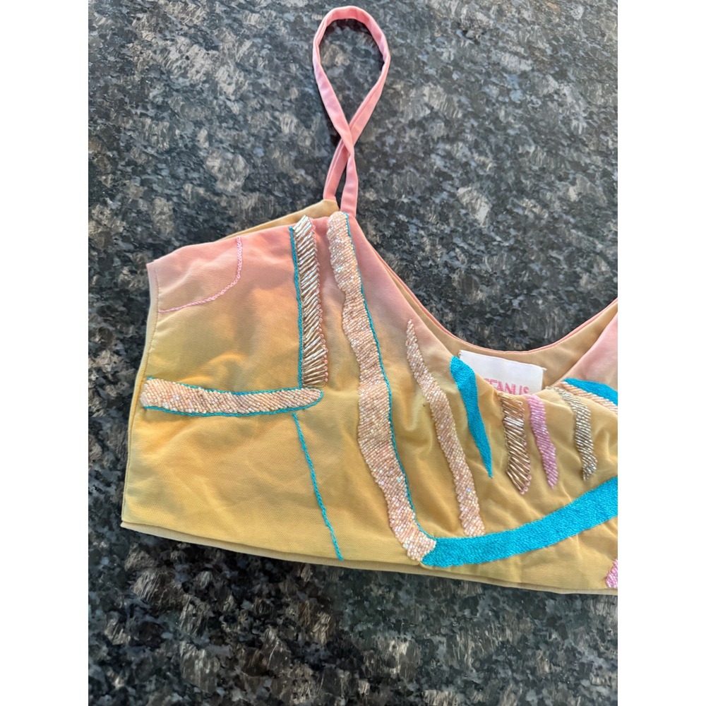 Oceanus Tamar Ombre Beaded Bikini Top Pink Yellow Mesh Sequin Luxury Swim L - Picture 4 of 8